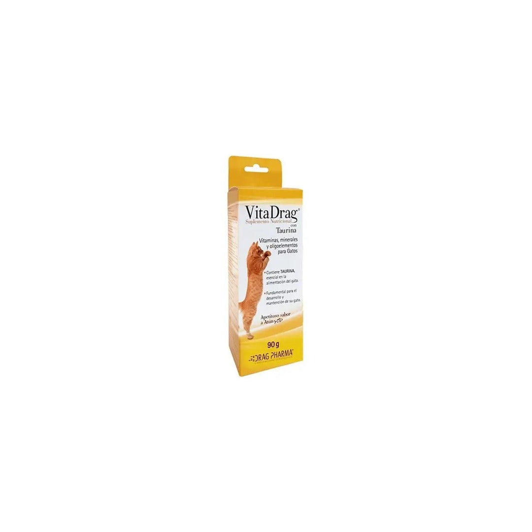 Suplemento nutricional para gatos Vitadrag de ventas pet, 90 g, con vitaminas y nutrientes esenciales para la salud felina.