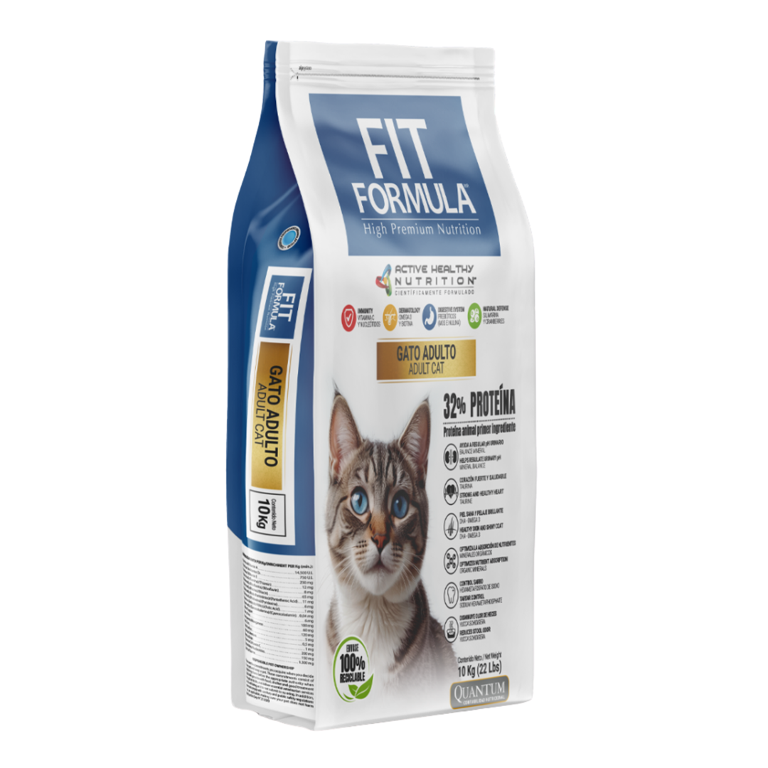 Alimento para gatos Fit Formula de 10 kg en saco, comida seca para felinos, visible en la imagen con empaque de la marca Fit Formula.