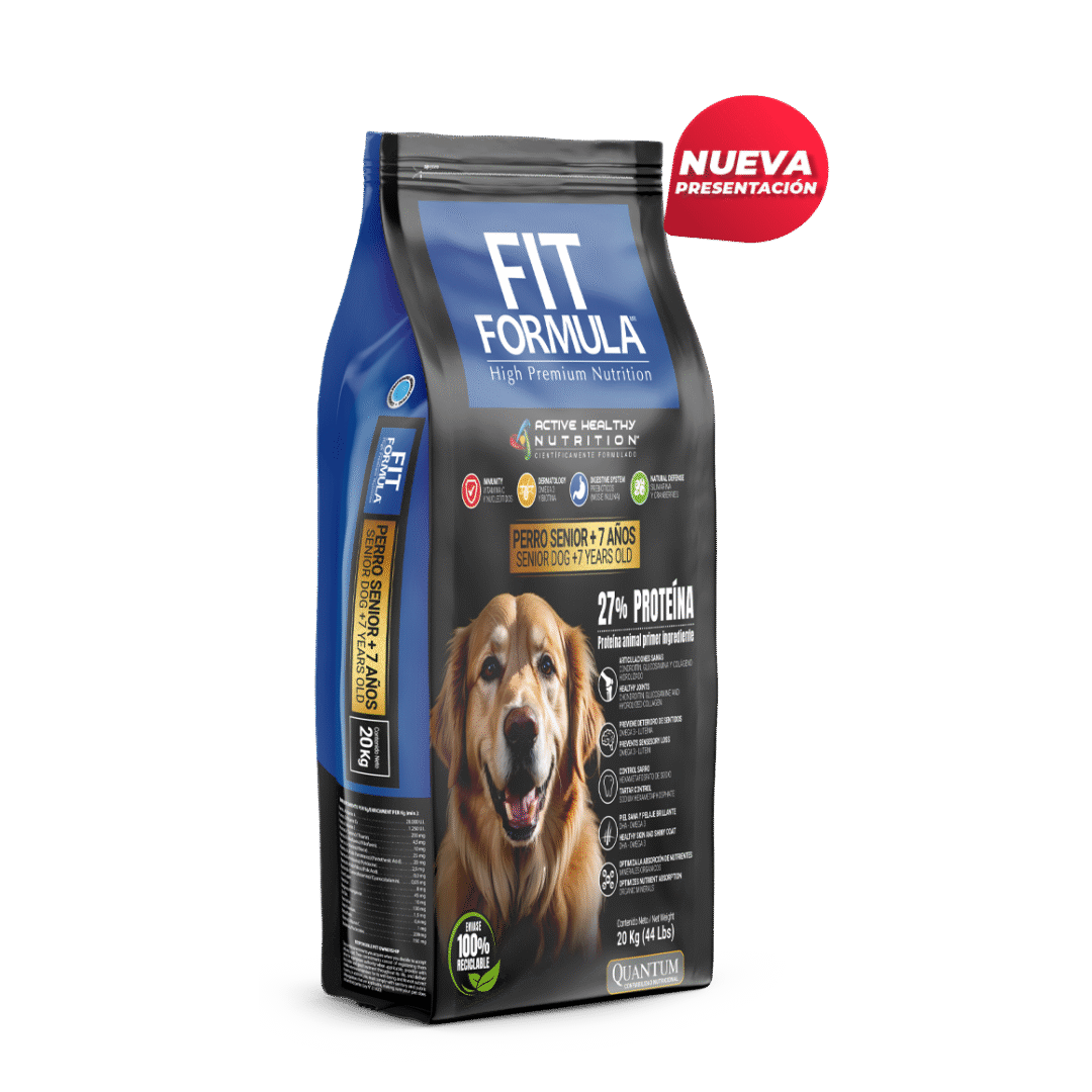 Alimento para perros senior Fit Formula, paquete de 20 kg, con ingredientes nutritivos para perros mayores.