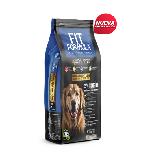 Alimento para perros senior Fit Formula, paquete de 20 kg, con ingredientes nutritivos para perros mayores.