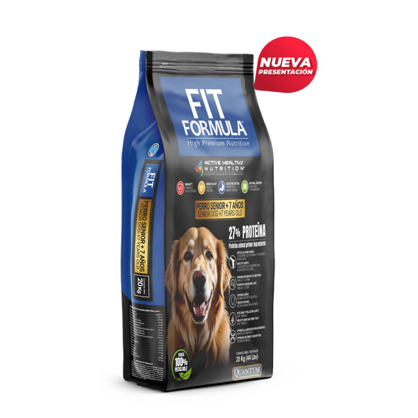 Alimento para perros senior Fit Formula, paquete de 20 kg, con ingredientes nutritivos para perros mayores.