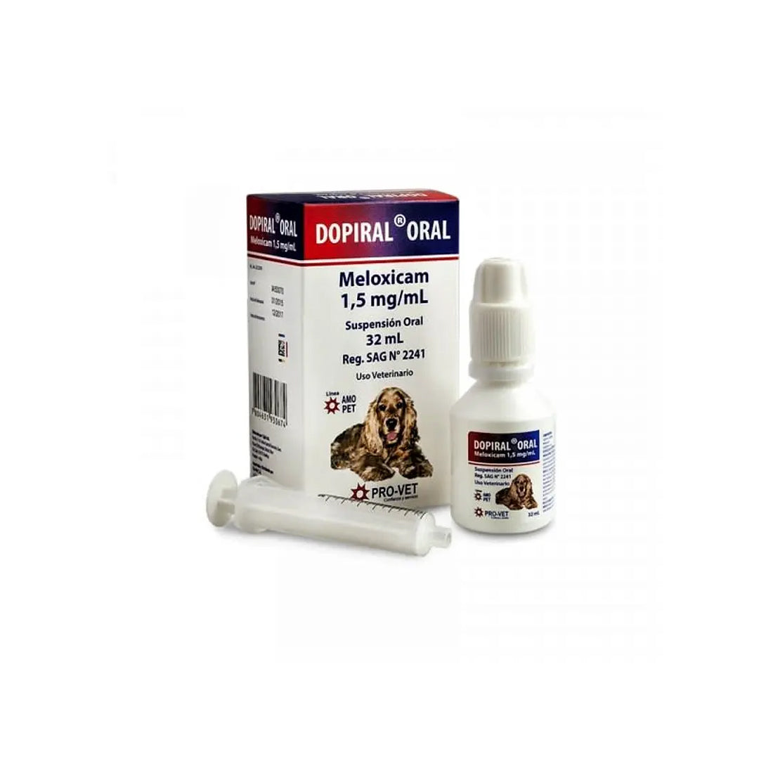Ampolla de medicamento Dopiral Meloxicam 1,5mg/ml de ventas pet, solución líquida para uso veterinario en envase de 32ml.