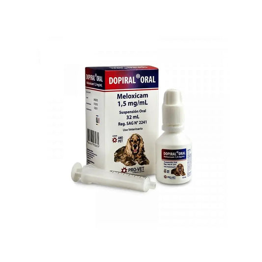 Ampolla de medicamento Dopiral Meloxicam 1,5mg/ml de ventas pet, solución líquida para uso veterinario en envase de 32ml.
