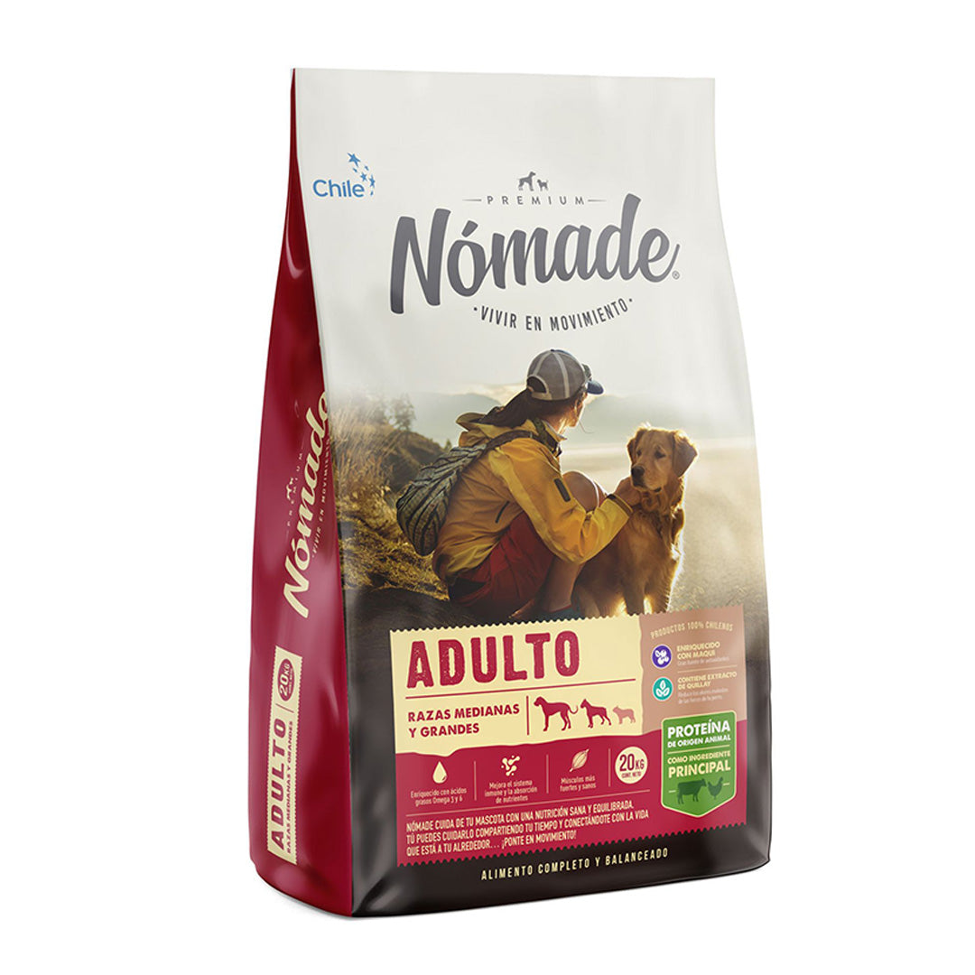 Alimentos para mascotas Nomade Adulto de 20 kg de ventas pet, en bolsa con imagen del producto en la etiqueta