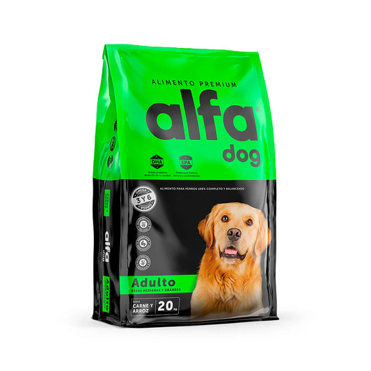 Alimento para perros Alfa Dog Premium AD para adultos, paquete de 20 kg, en envase con logo y etiqueta visible.