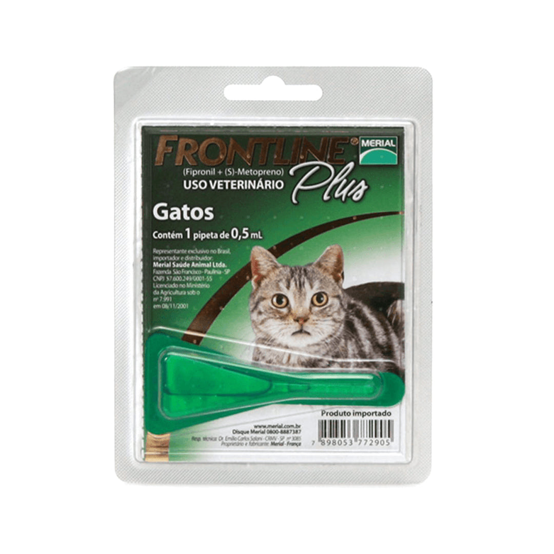 Pipeta antiparasitaria Frontline Plus para gatos de la marca ventas pet, mostrando la caja y la pipeta lista para aplicar.
