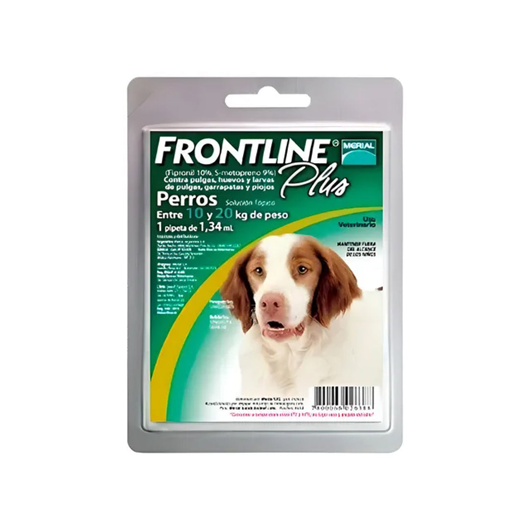 Pipeta antipulgas y garrapatas Frontline Plus para perros de 10-20kg, control de parásitos en envase de 1.34ml.