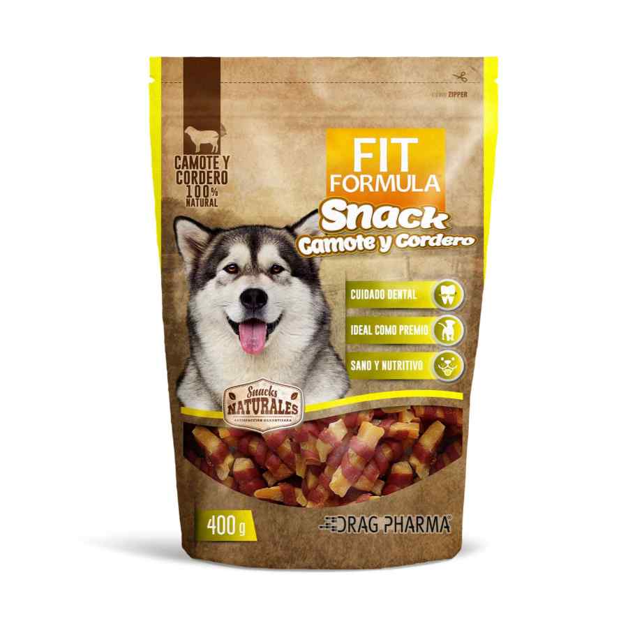Snack de camote y cordero de 400 g de Fit Formula, alimento saludable en envase de snack.