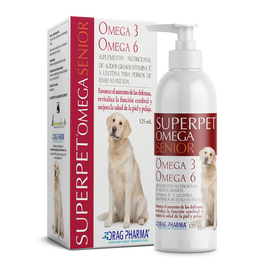 Suplemento nutricional Superpet Omega para perros senior de Ventas Pet, botella con cápsulas de vitaminas y omega para mascotas.