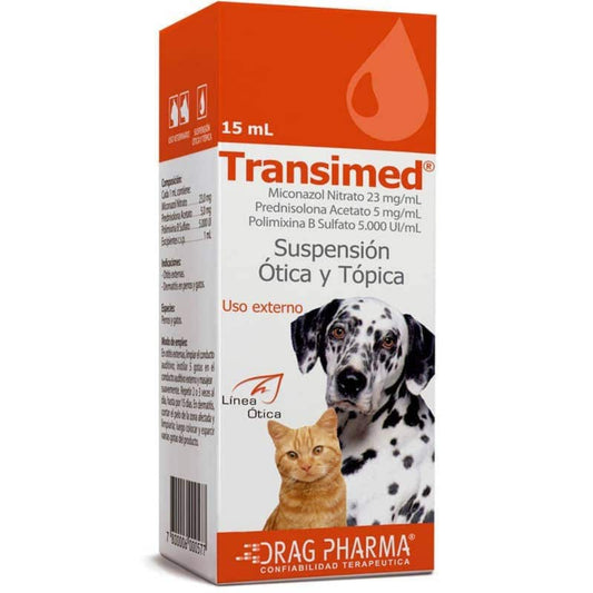 Suspensión ótica tópica veterinaria Transimed de Drag Pharma en frasco de 15mL, para cuidado de la salud animal.