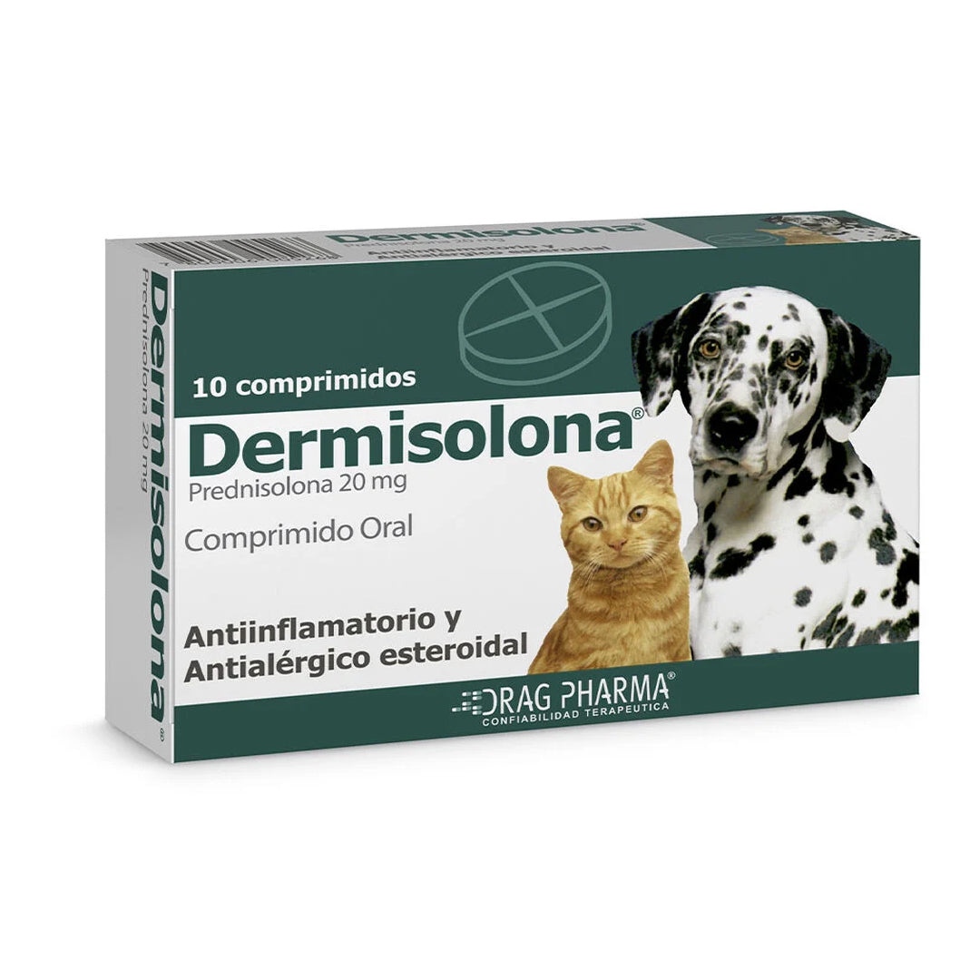 Medicamentos Dermisolana Antialergico 20mg para gatos, antiinflamatorio y antiprurítico, presentado en envase con pastillas.