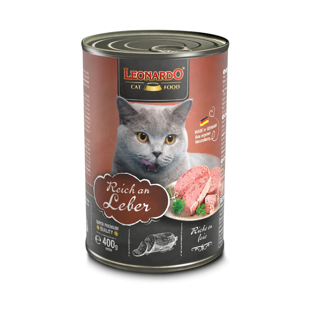 Alimento para gato adulto Leonardo Quality Selection sabor hígado, empaque de 400 g, en envase con la imagen del producto.