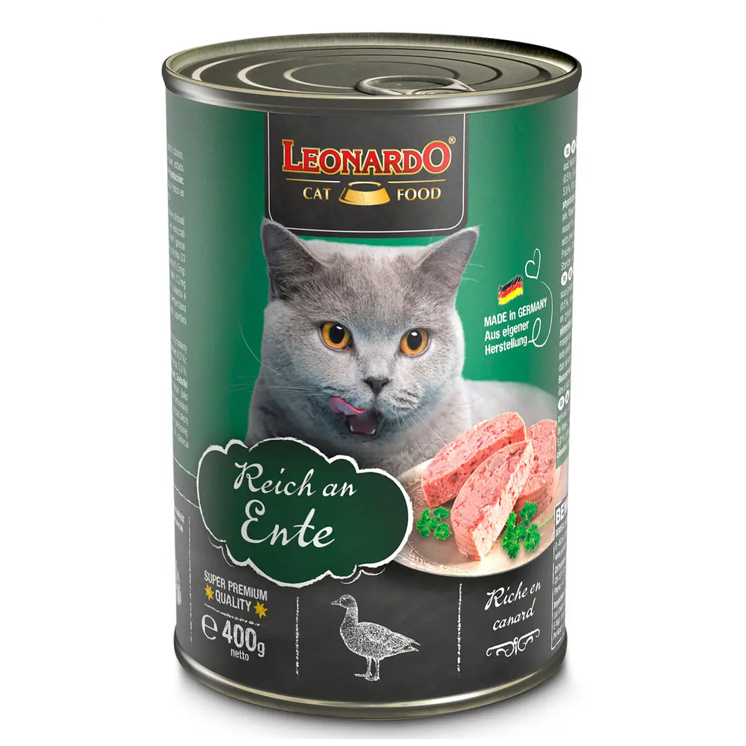 Alimento para gatos Leonardo Quality Selection sabor pato, 400 g, en paquete con imagen del producto y envase.