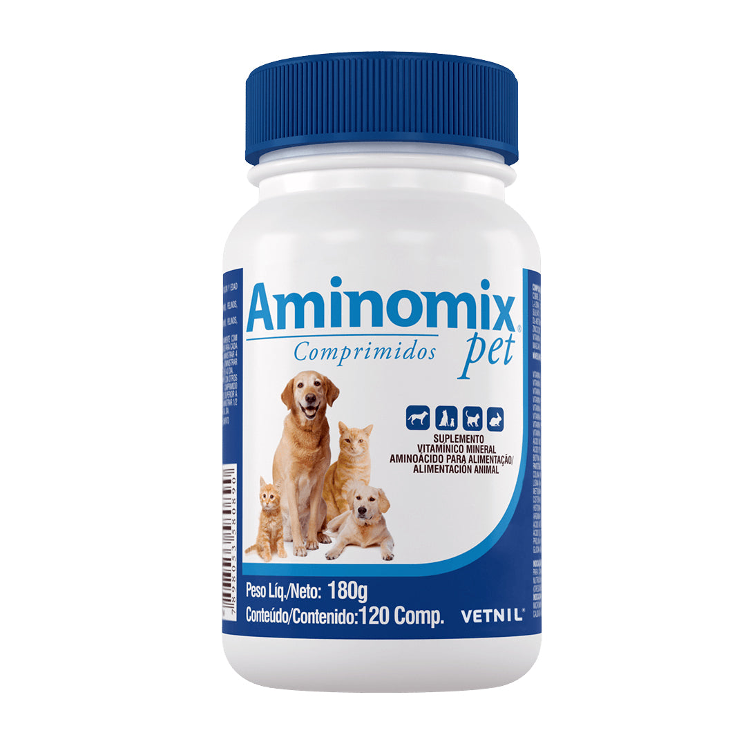 Complemento vitamínico Aminomix para mascotas en 120 comprimidos, presentado en envase de ventas pet.
