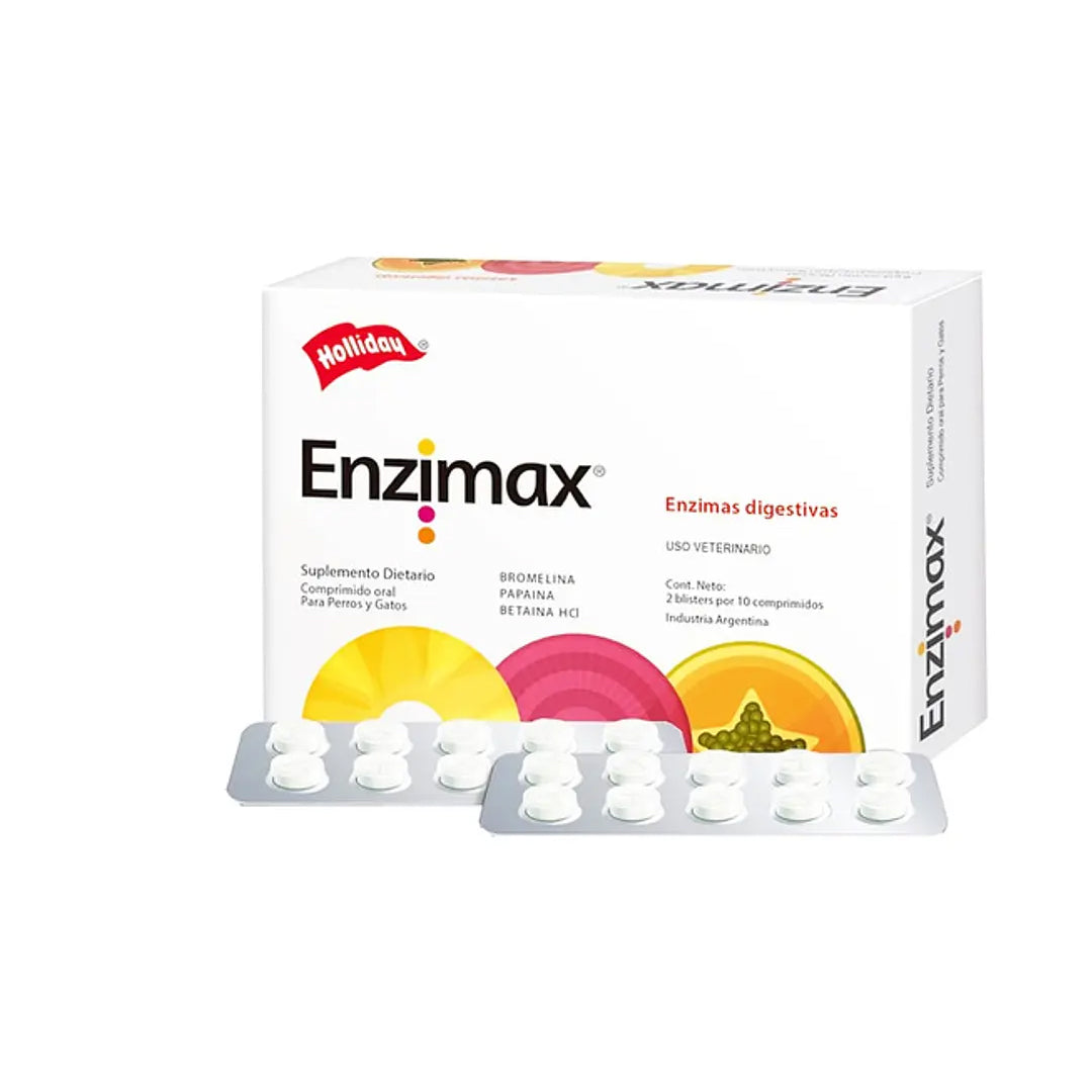Suplemento Enzimax Holliday con 20 tabletas de enzimas digestivas para perros y gatos, ayuda a la salud gastrointestinal.