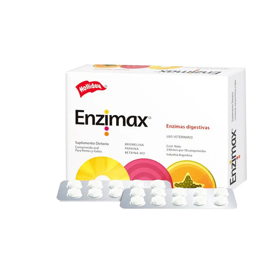 Suplemento Enzimax Holliday con 20 tabletas de enzimas digestivas para perros y gatos, ayuda a la salud gastrointestinal.