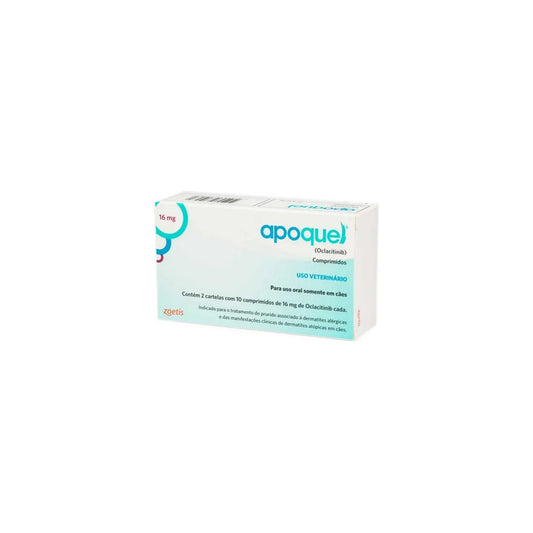 Pastillas de Apoquel 16 mg de Zoetis para perros, tratamiento para dermatitis en envase de ventas pet, visible en la imagen.