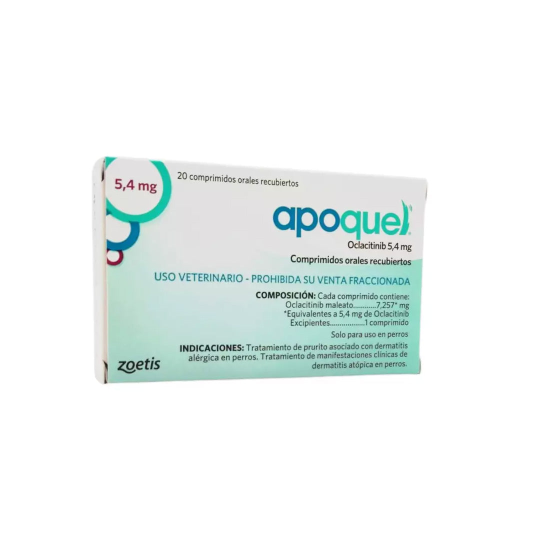 Medicamentos Apoquel Zeotis 5.4 mg, caja con 10 tabletas de Oclacitinib para perros, vista de la caja y las tabletas.