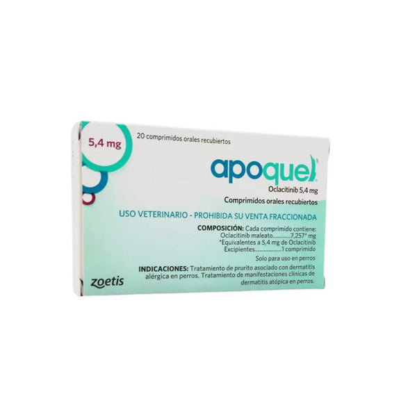 Medicamentos Apoquel Zeotis 5.4 mg, caja con 10 tabletas de Oclacitinib para perros, vista de la caja y las tabletas.