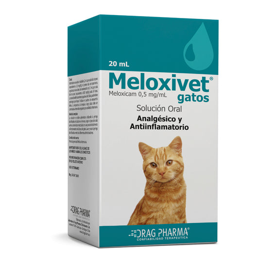 Ampollas de Meloxivet para gatos, medicamento de Drag Pharma en envase de 20 ml, con etiqueta y frasco transparente.