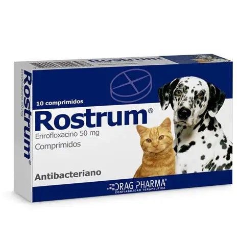Rostrum 50 mg, paquete con 10 comprimidos de medicamento de Drag Pharma, vista frontal del envase con etiqueta.