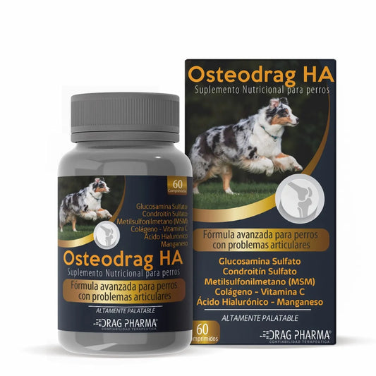 Suplemento Osteodrag de Drag Pharma en frasco con 60 comprimidos para perros, ayuda a la salud ósea y articular.